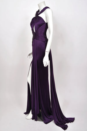 2013 Versace Runway Royal Purple Stretch Jersey Cut-Out High Slit Hourglass Gown