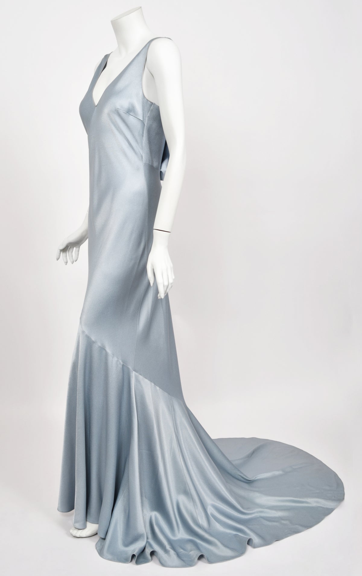 1997 John Galliano Documented Ice Blue Satin Backless Bias-Cut Trained Gown