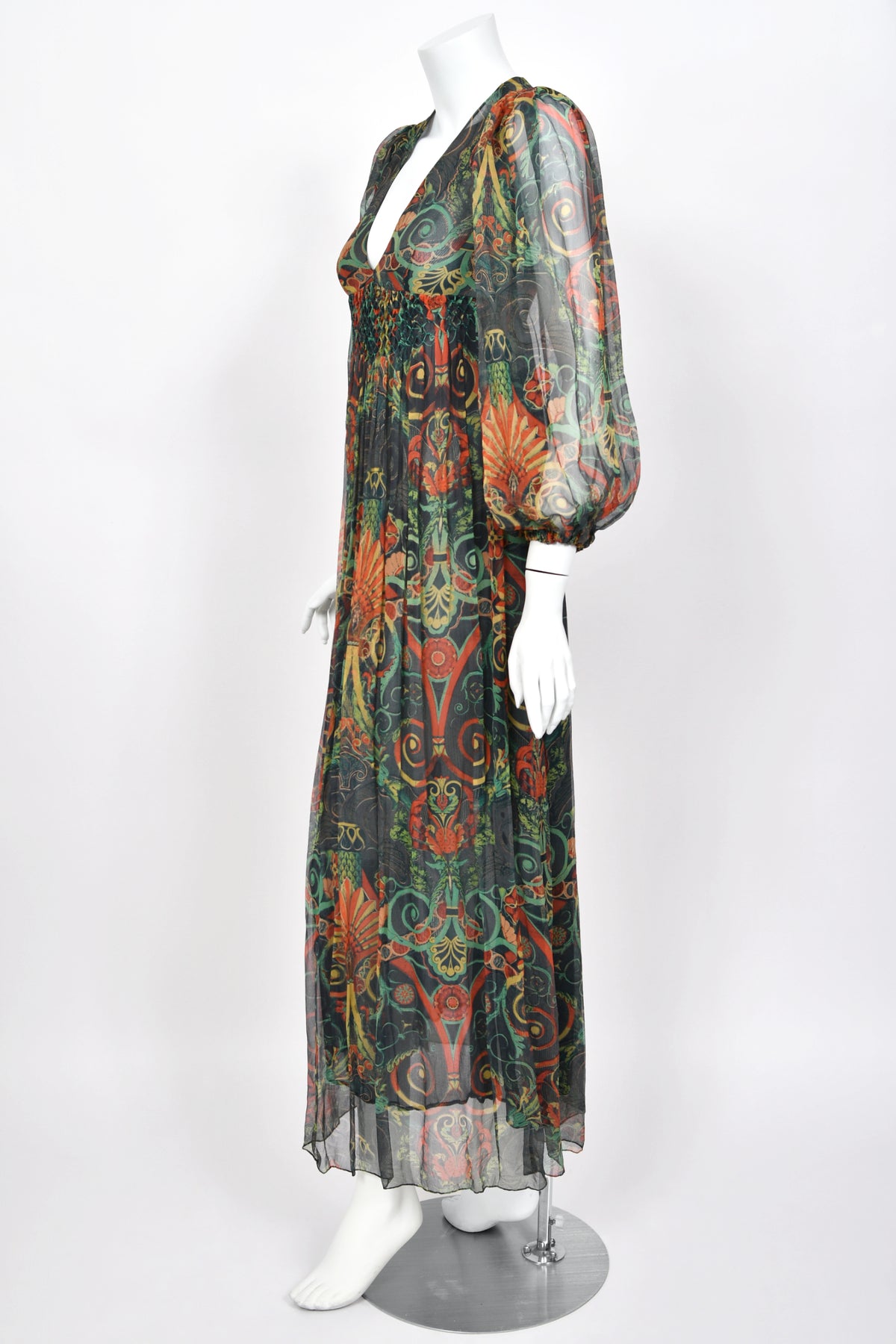 1971 Thea Porter Couture Green Art Nouveau Motif Silk Billow-Sleeve Maxi Dress