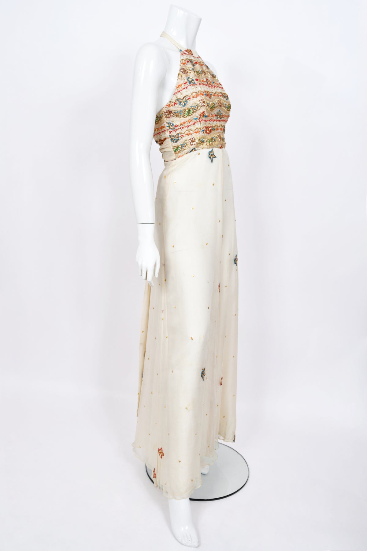 1979 Thea Porter Couture Metallic Gold Embroidered Ivory Silk-Chiffon Halter Gown