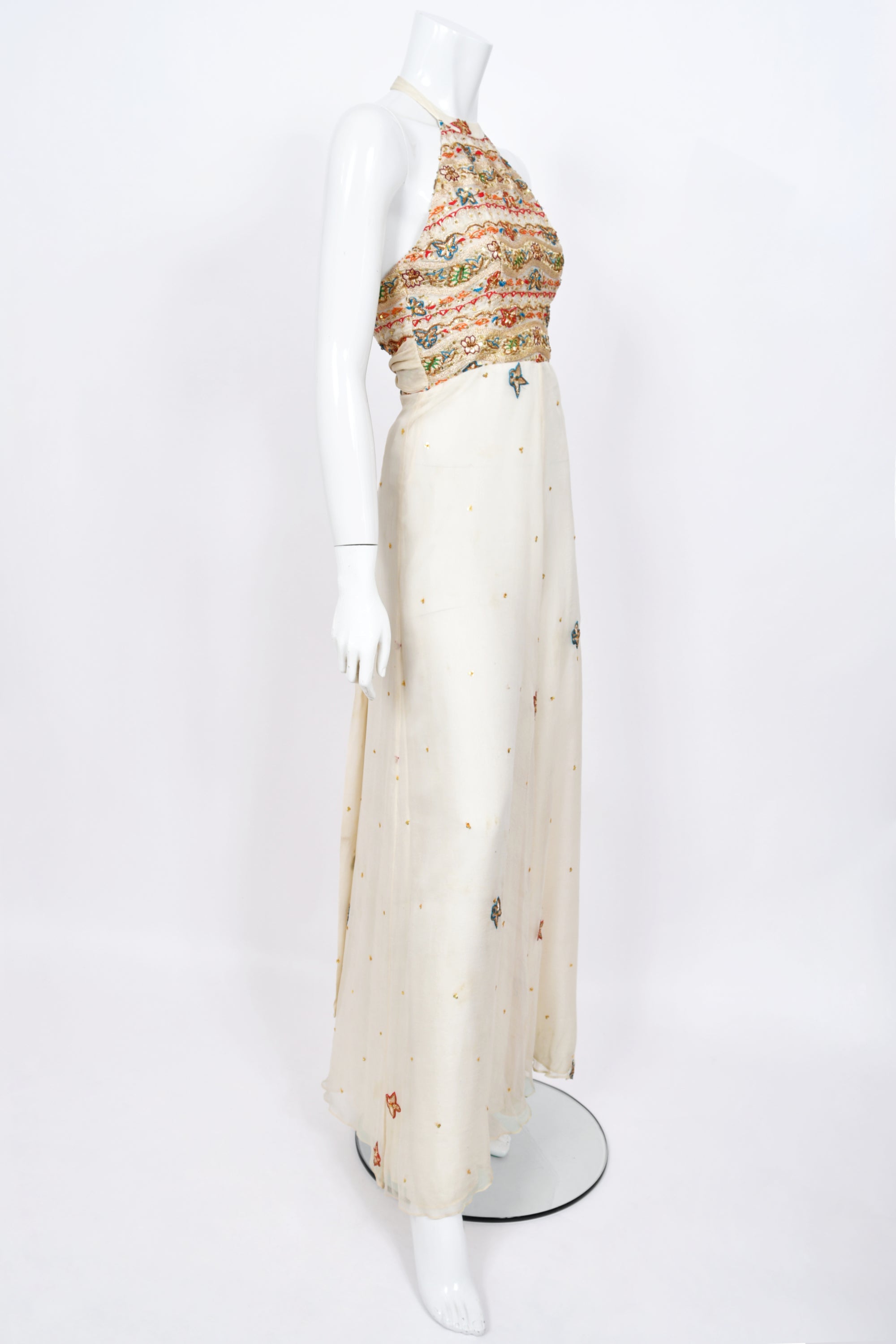 1979 Thea Porter Couture Metallic Gold Embroidered Ivory Halter Gown 1979 Thea Porter Couture Metallic Gold Embroidered Ivory Halter Gown