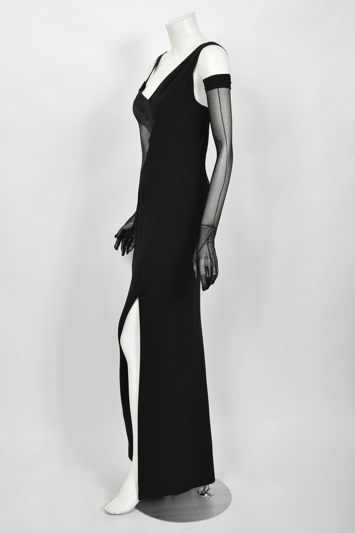 1998 Thierry Mugler Documented Runway Sheer Black Silk Asymmetric High-Slit Gown