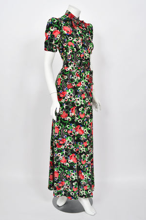 1930's Fashion Originators Guild Rhinestone Studded Floral Silk Neck-Bow Gown