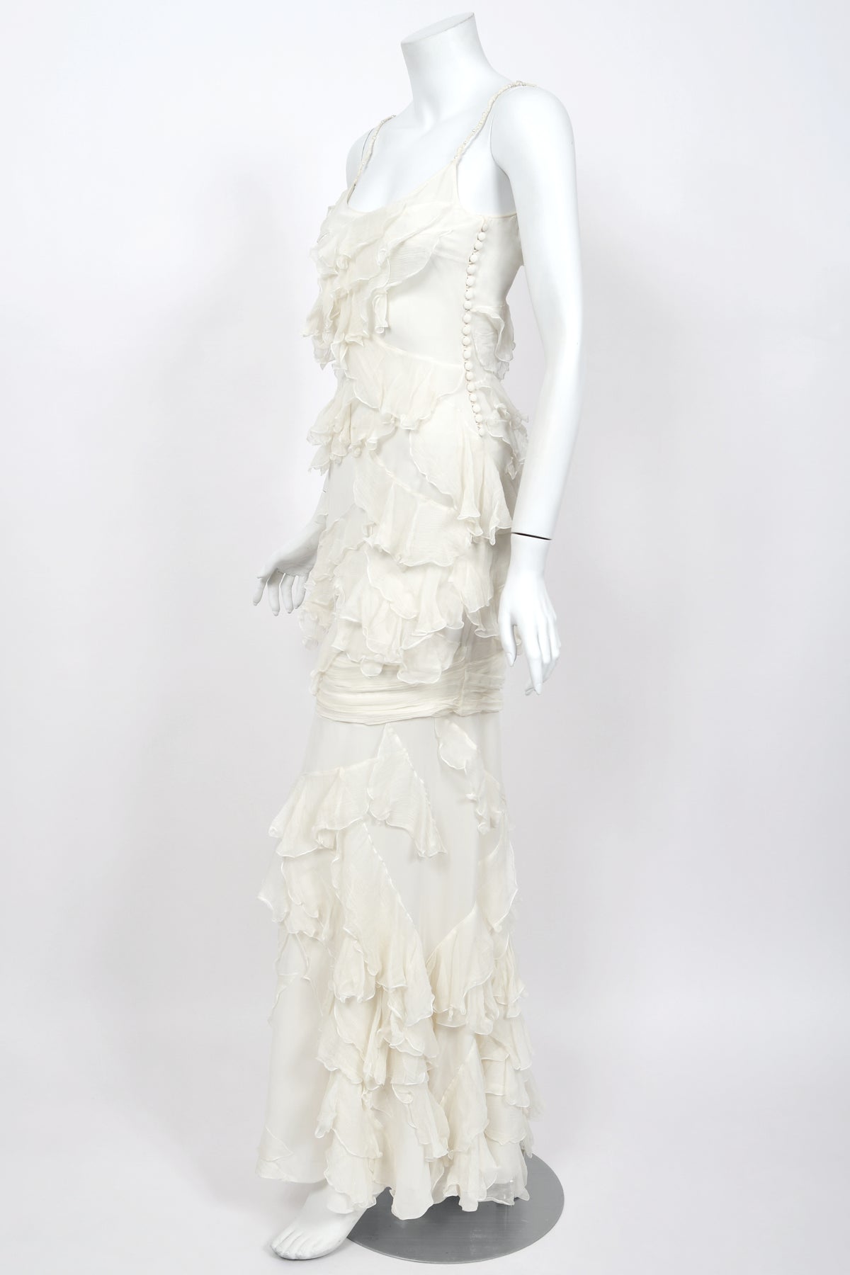 2006 John Galliano Ivory Tiered Ruffle Sheer Silk Chiffon Pearl Straps Bias-Cut Slip Gown