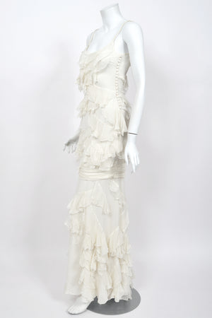 2006 John Galliano Ivory Tiered Ruffle Sheer Silk Chiffon Pearl Straps Bias-Cut Slip Gown