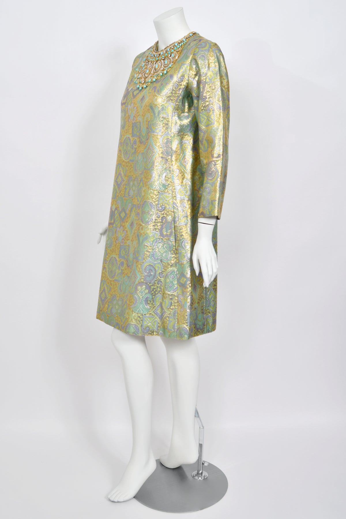 1960&#39;s Bob Bugnand Couture Beaded Metallic Silk-Brocade Dress &amp; Matching Coat