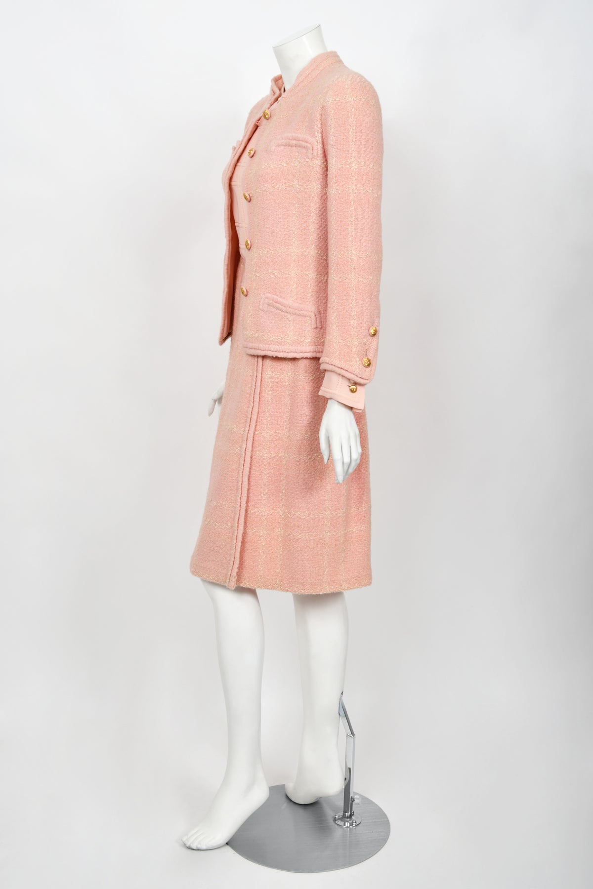 1973 Chanel Haute Couture Documented Pink Wool Jacket Blouse Skirt Three-Piece Suit