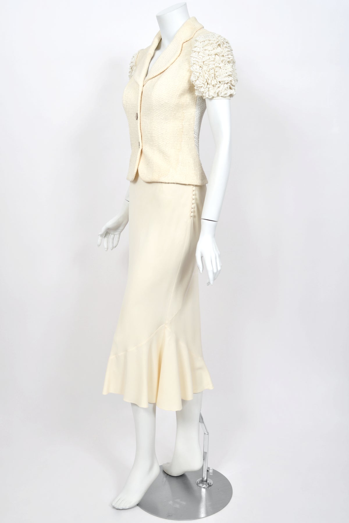 1998 John Galliano ‘Haute Bohème’ Collection Ivory Knit Ruffle Sleeve Jacket &amp; Bias-Cut Skirt Set w/Tags
