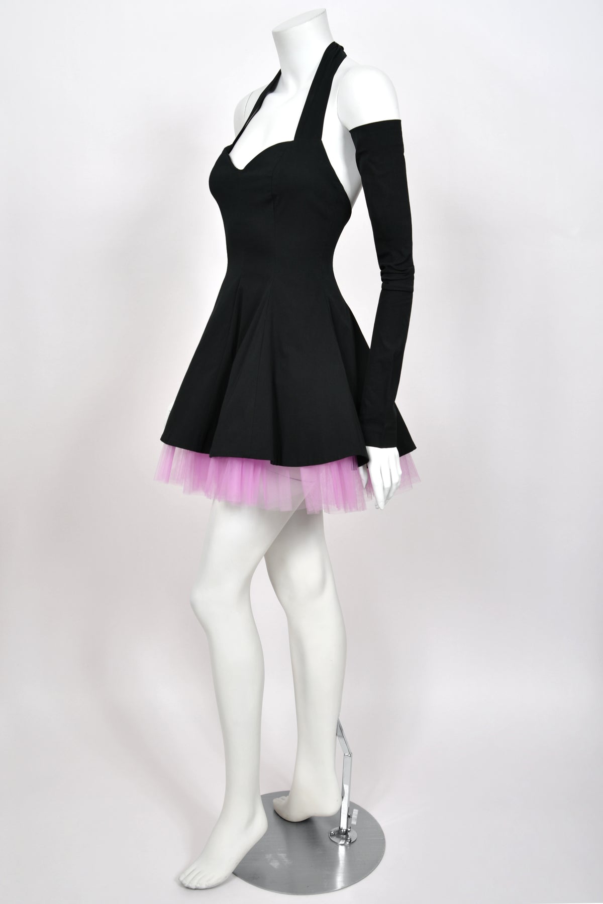 1992 Dolce & Gabbana Runway Black Stretch Cotton & Lilac Tulle Halter Mini Dress w/ Gloves