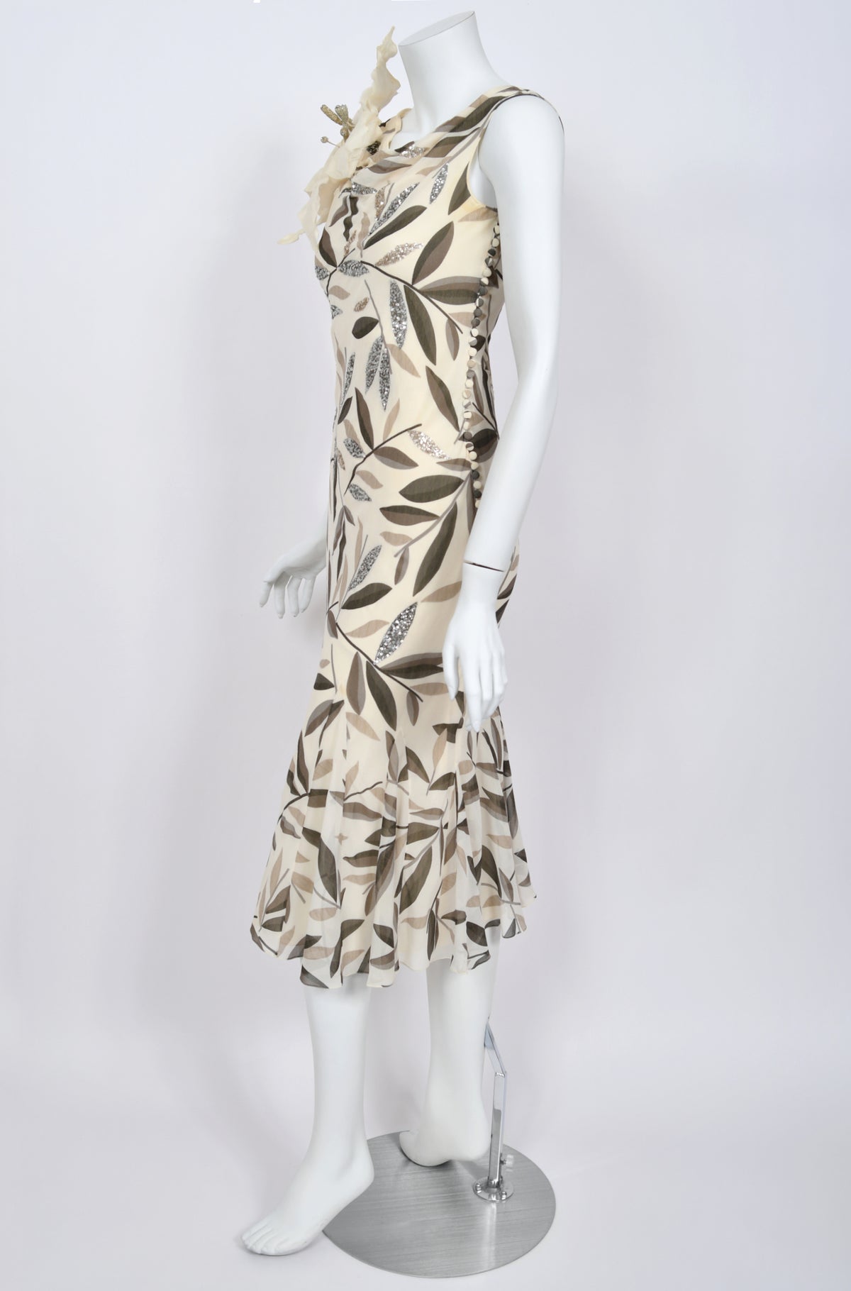 2008 Christian Dior by John Galliano Leaf Motif Sequin Silk Appliqué Bias-Cut Dress