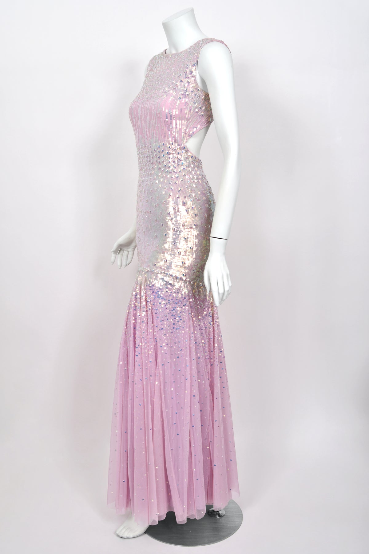 2012 Blumarine Runway Iridescent Lilac Pink Fully Sequin Cut-Out Hourglass Mermaid Gown