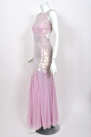 2012 Blumarine Runway Iridescent Lilac Pink Fully Sequin Cut-Out Hourglass Mermaid Gown