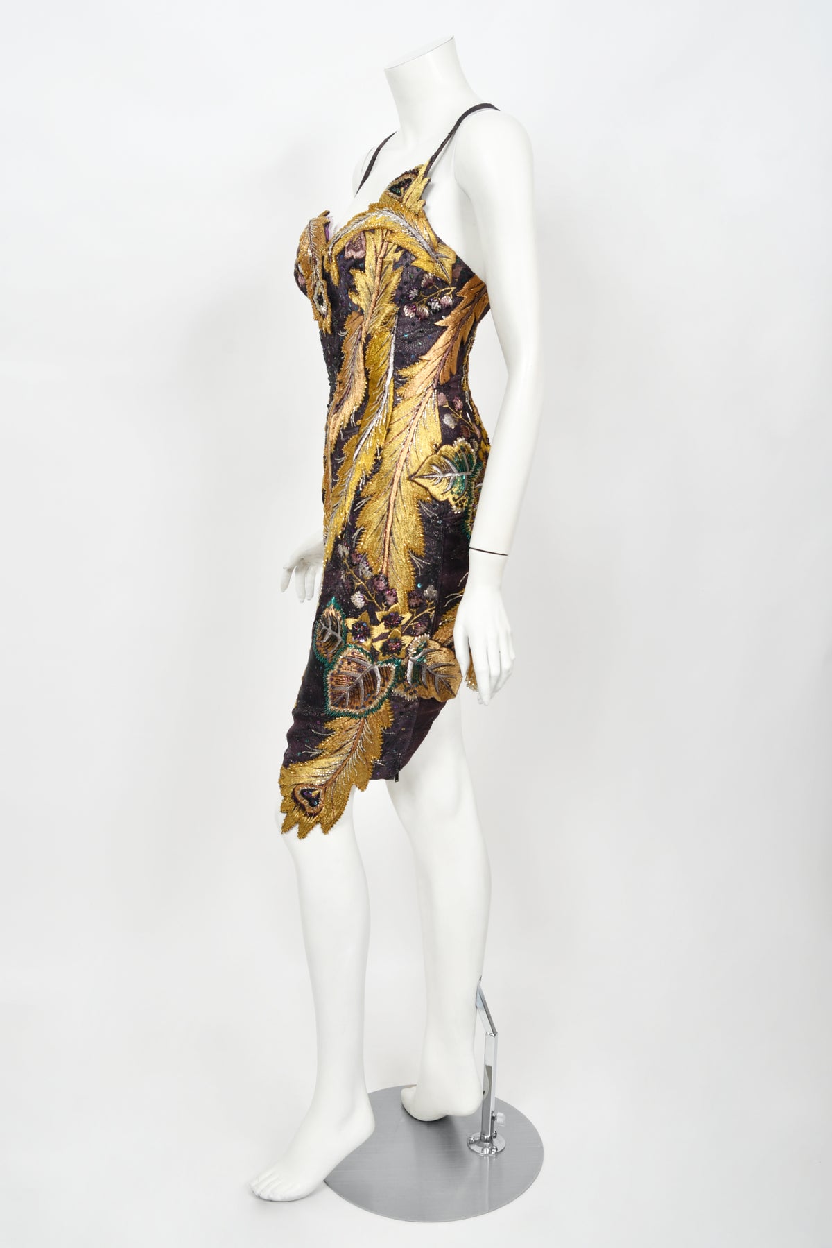 1970&#39;s Embroidered Peacock Motif Beaded Silk Couture Dance Dress