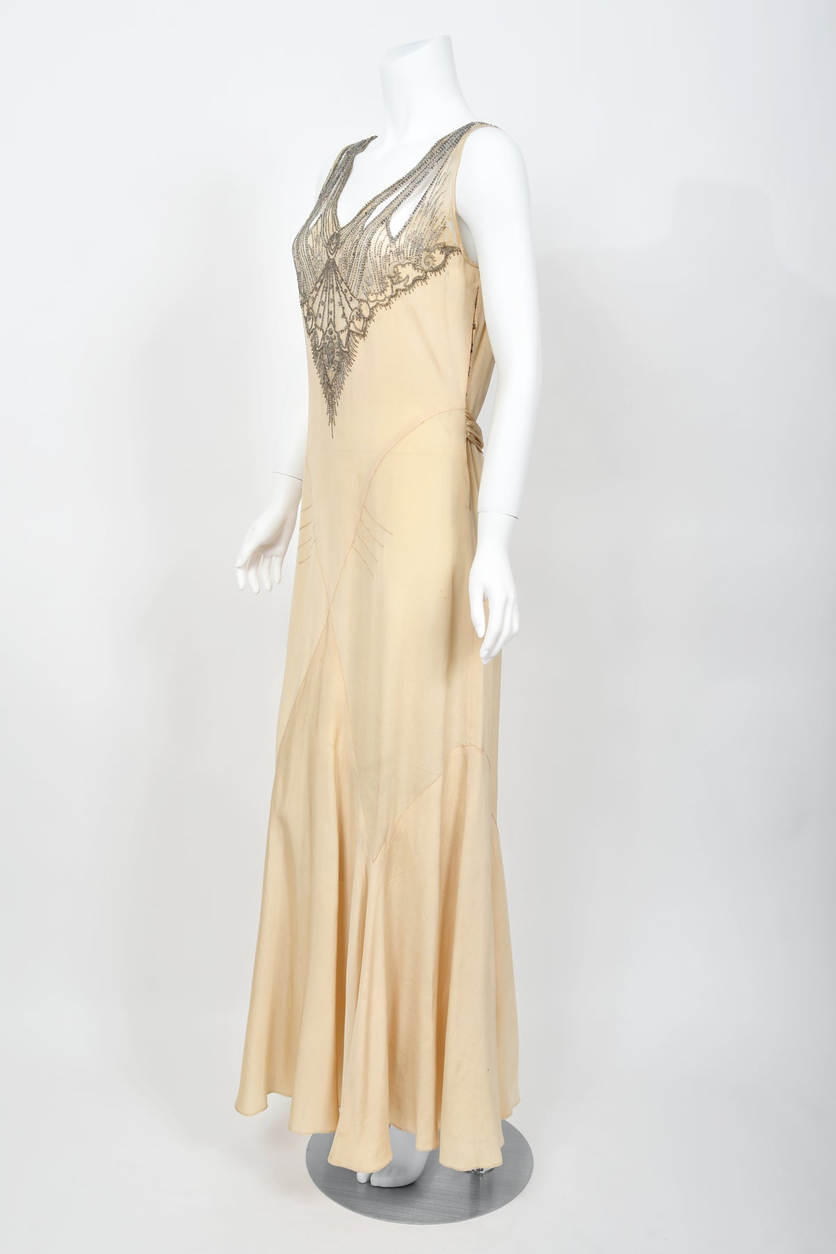 1930's French Ivory Creme Silk Beaded Sheer Illusion Deco Bias-Cut Bridal Gown