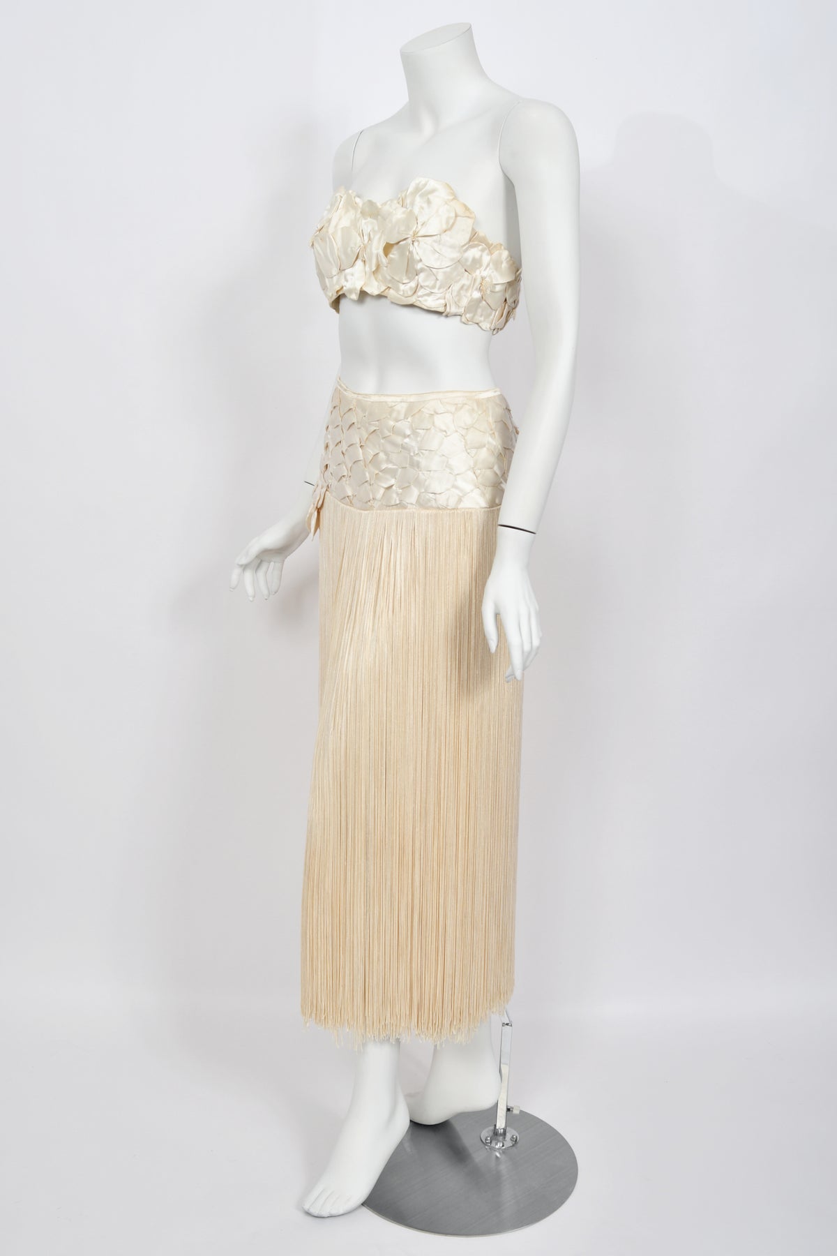 1950&#39;s Ivory Floral Appliqué Silk Bustier Crop Top &amp; Matching Fringe Skirt Set