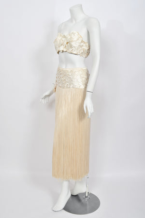 1950's Ivory Floral Appliqué Silk Bustier Crop Top & Matching Fringe Skirt Set