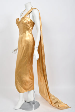 1950's Yma Sumac Custom Couture Old Hollywood Metallic Gold Hourglass Trained Dress