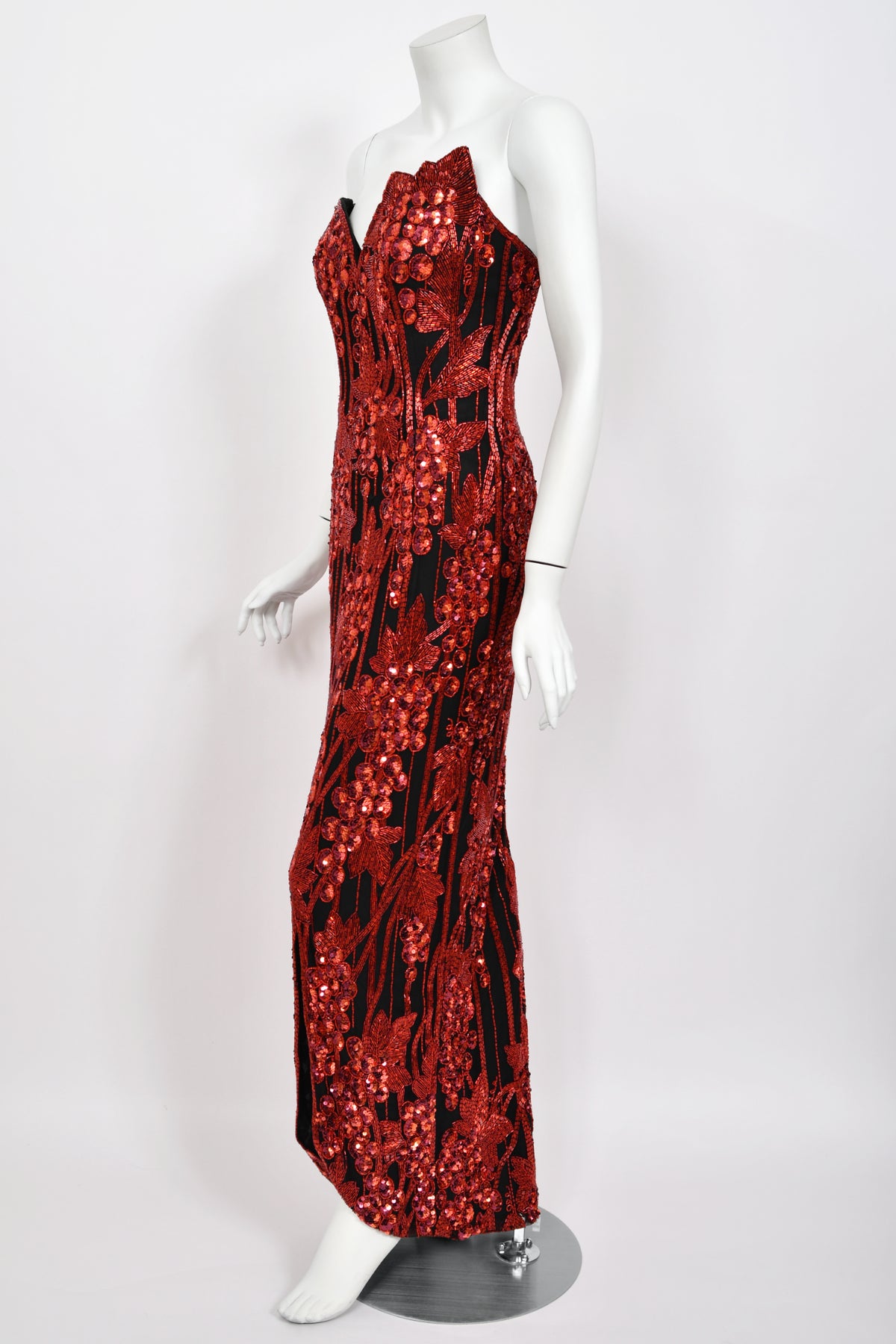 1990 Bob Mackie Red Grapevines Beaded Sequin Silk Strapless Hourglass Slit Gown