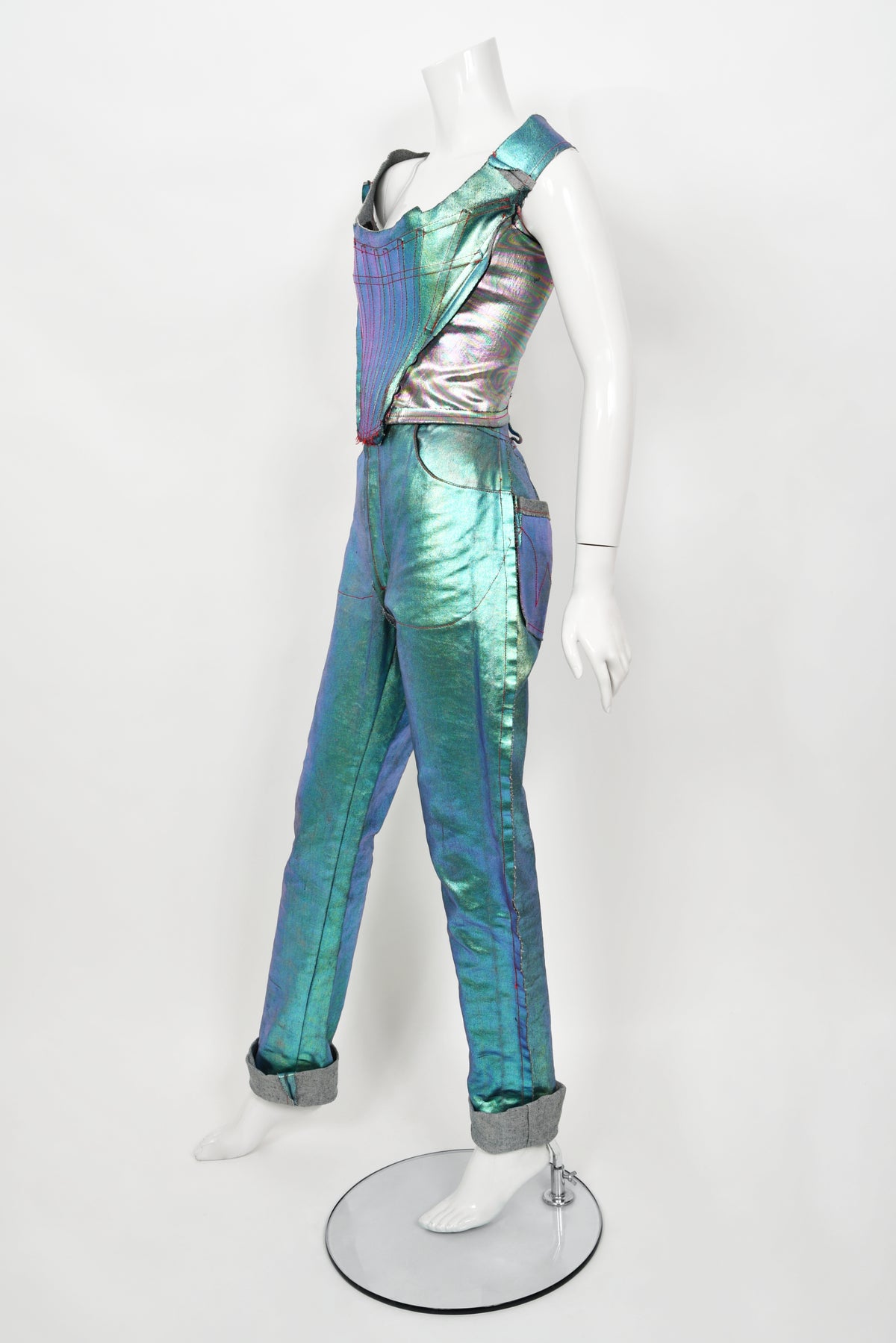 1993 Vivienne Westwood Runway Metallic Denim Corset Bustier Top &amp; Pants