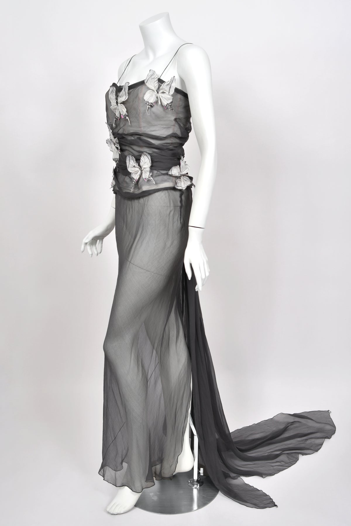 1998 Dolce &amp; Gabbana 'Stromboli Collection' Hand-Painted Butterflies Grey Sheer Silk Corset Gown