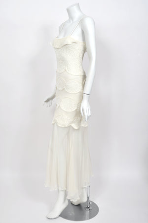 2005 Christian Dior by John Galliano Ivory Knit Appliqué Sheer Silk Fitted Slip Dress