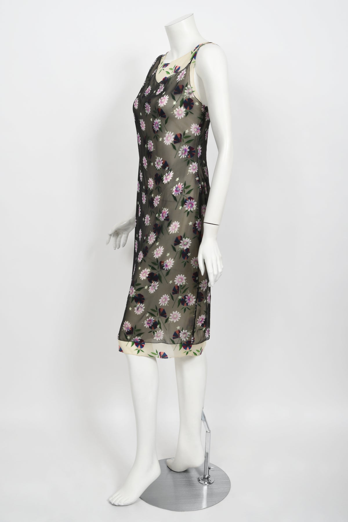 1998 Versace Couture Documented Runway Sheer Floral Silk Slip Dress
