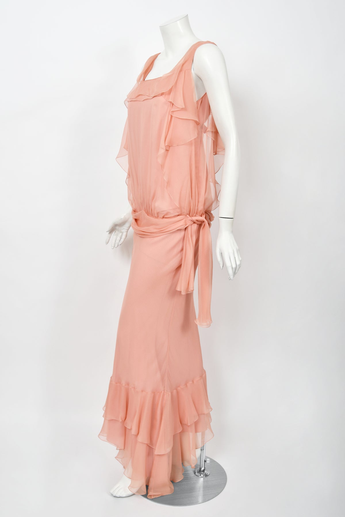 2008 John Galliano Pale Pink Semi-Sheer Silk Draped Ruffle Bias-Cut Gown