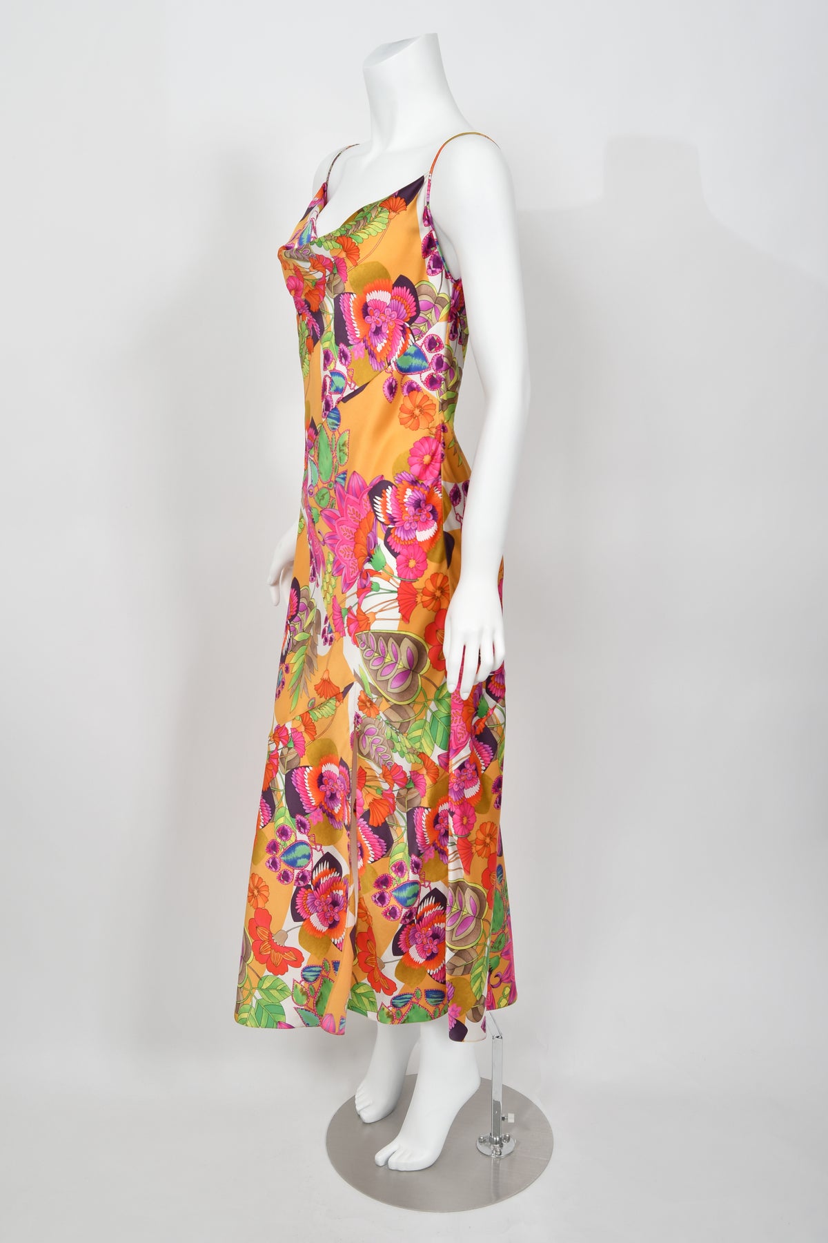 2005 Christian Dior by John Galliano Colorful Tie Dye Floral Silk Bias-Cut Dress
