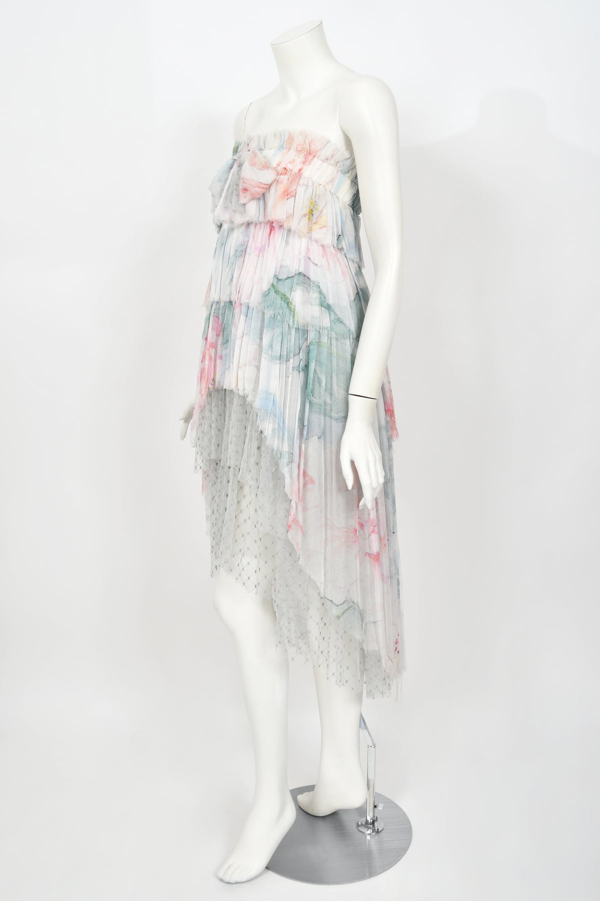 2013 Chanel by Karl Lagerfeld Pastel Floral Silk &amp; Sheer Tulle Strapless Dress