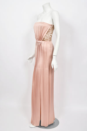 2012 John Galliano Blush Pink Silk Beaded Bustier Strapless Pleated-Side Gown