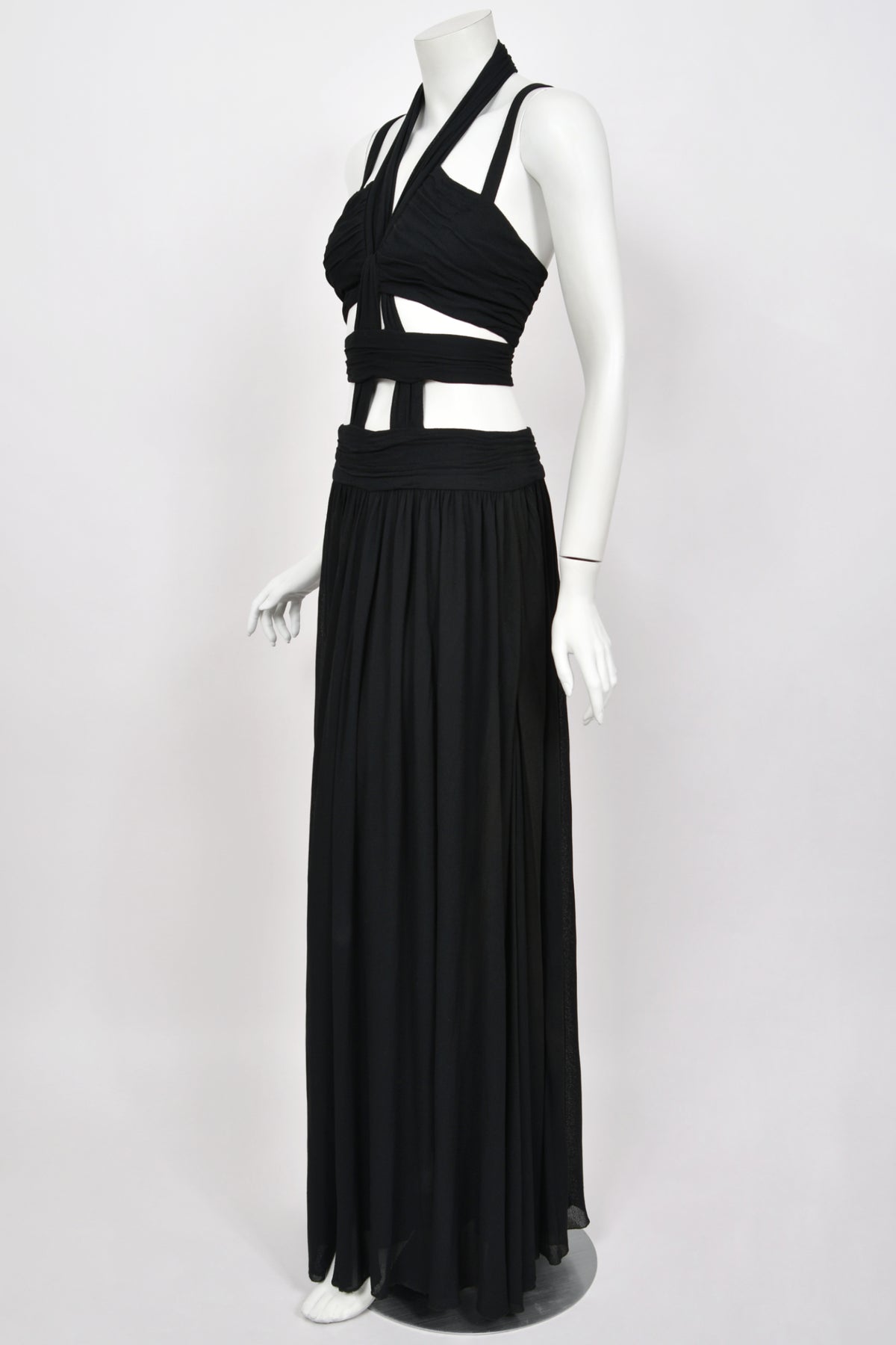 1995 Chanel by Karl Lagerfeld Iconic Runway Campaign Black Cut-Out High Slit Maxi Dress