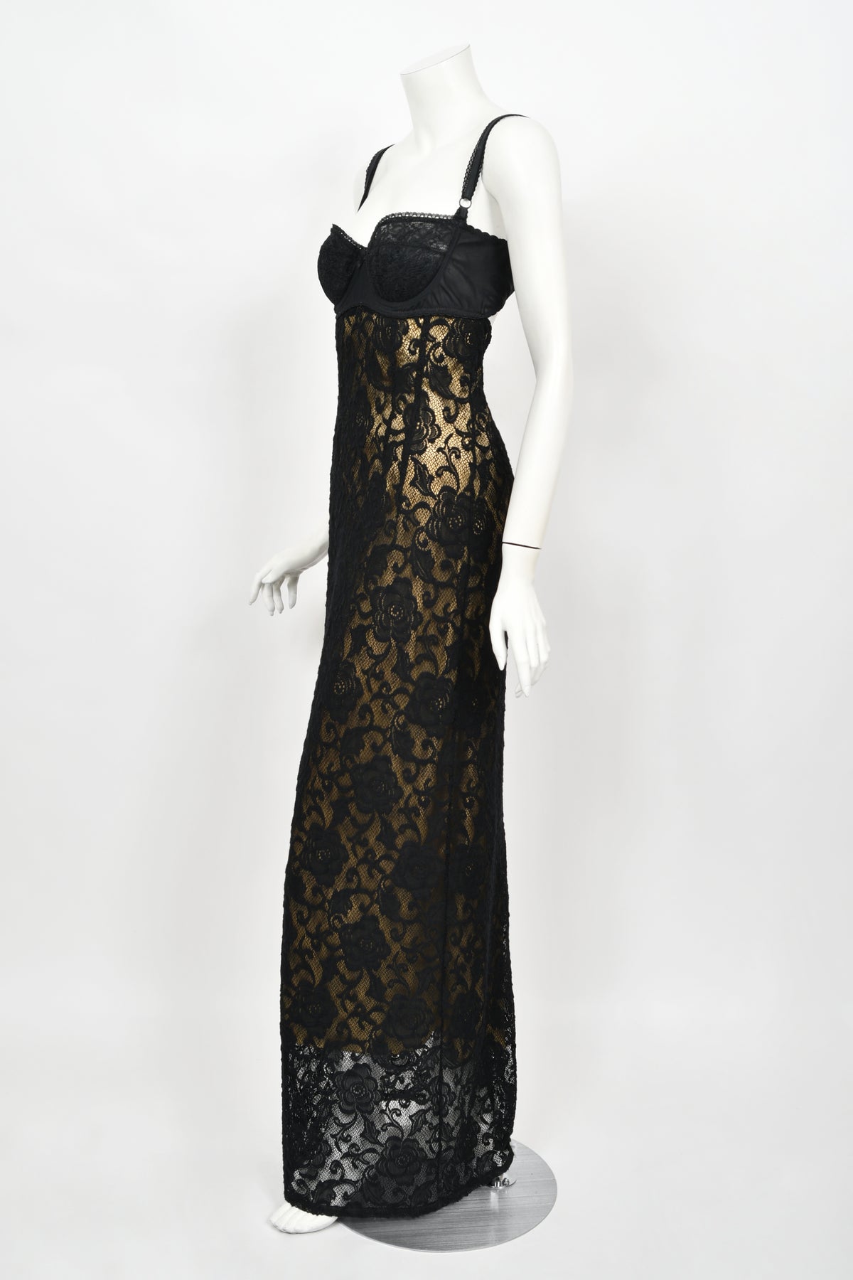 1997 Dolce &amp; Gabbana Sheer Black Stretch Lace Built-In Bra Slip Gown
