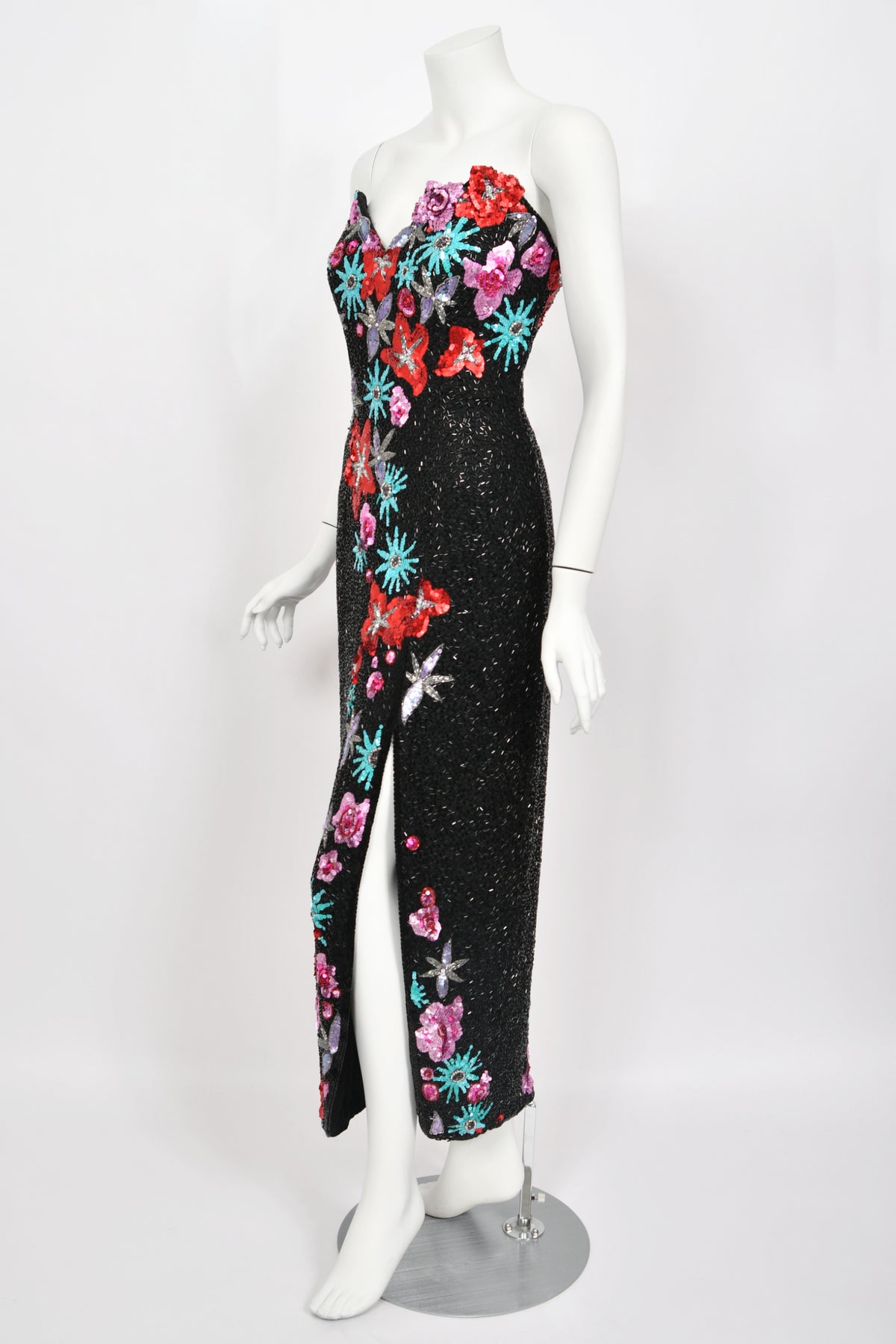 1990's Bob Mackie Fully Beaded Floral Motif Strapless Bustier High-Slit Gown