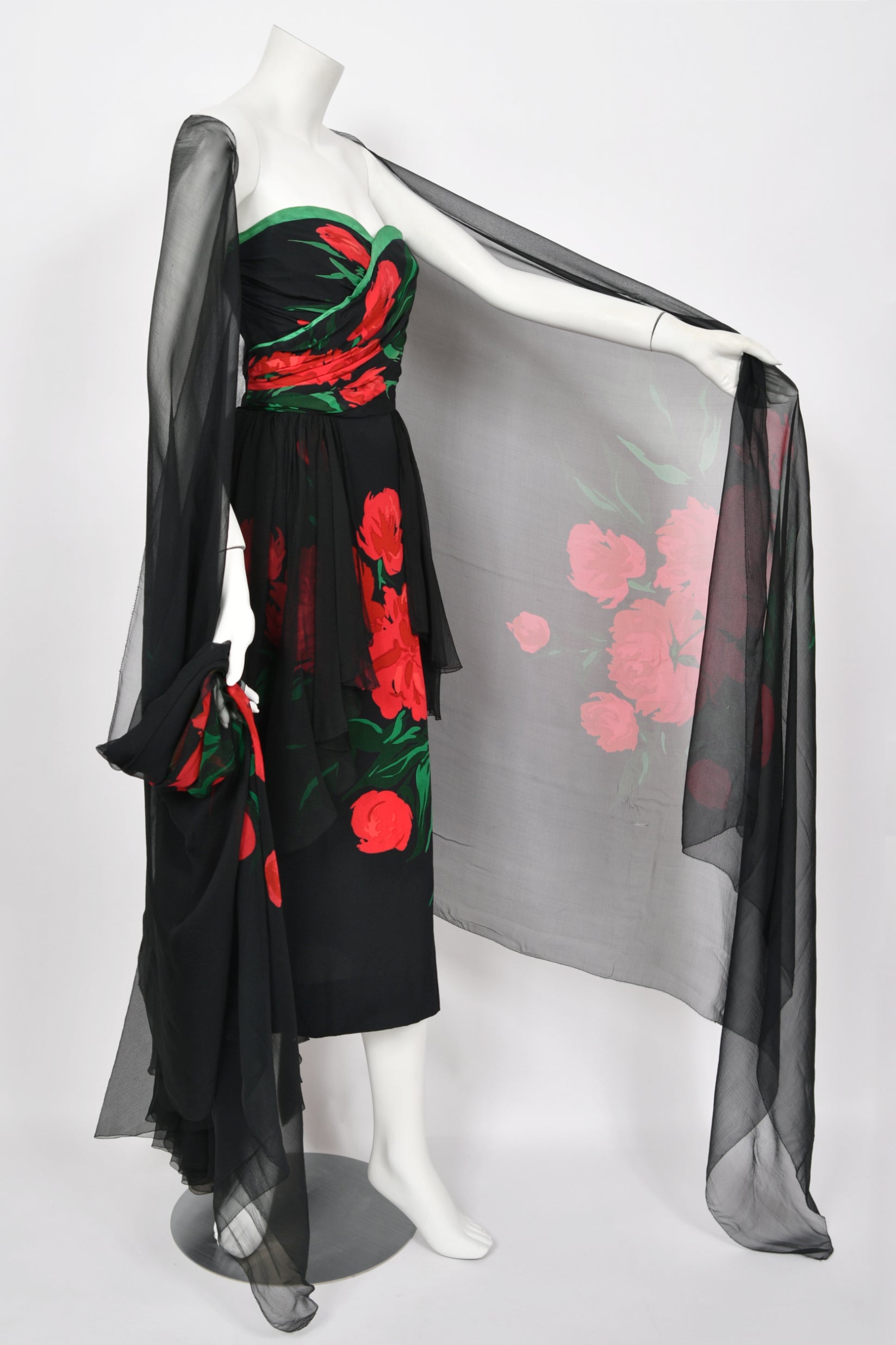 1950's Howard Greer Couture Red Roses Silk Strapless Gown & Shawl 1950's Howard Greer Couture Red Roses Silk Strapless Gown & Shawl