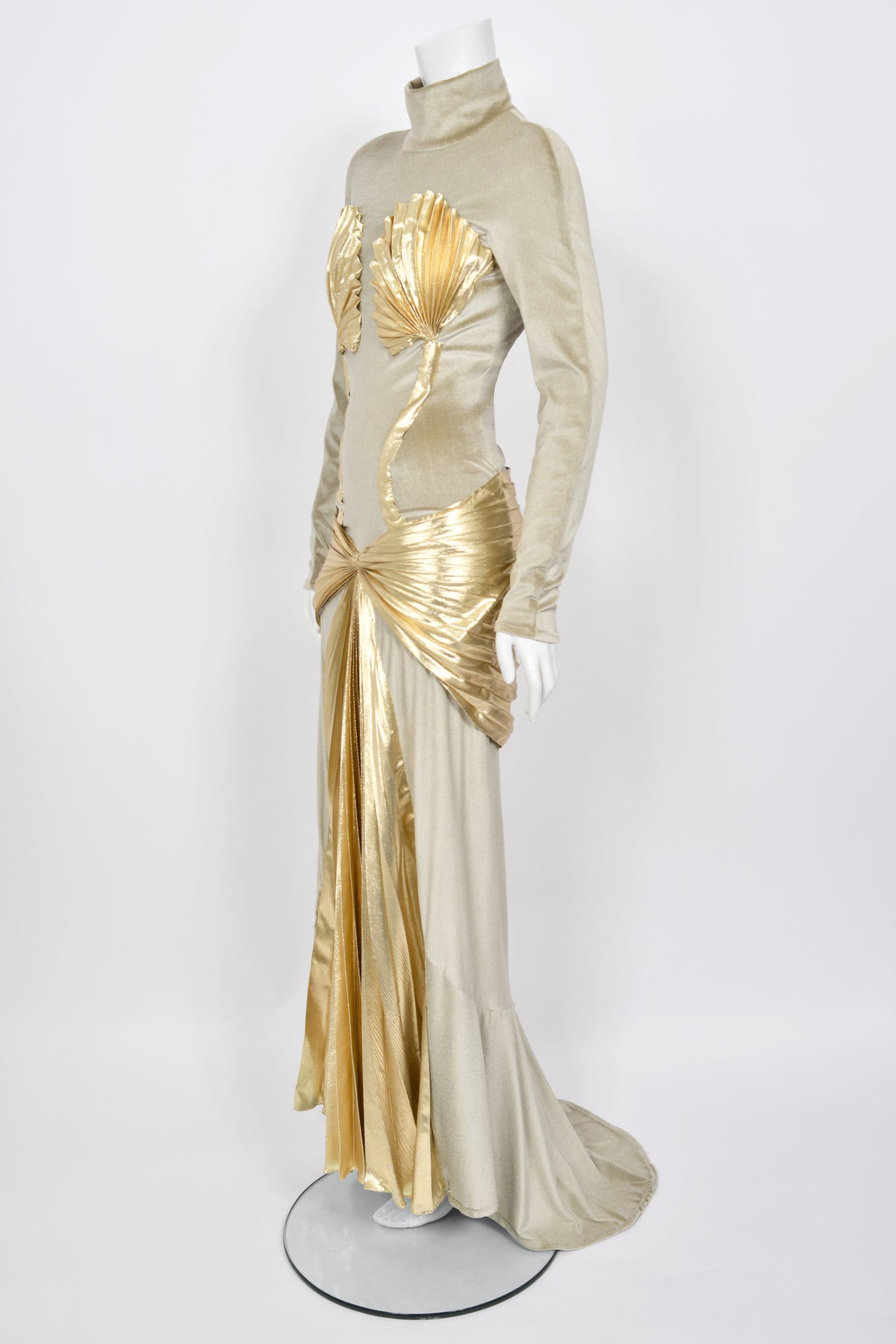 1984 Thierry Mugler &#39;Winter of the Angels&#39; Metallic Gold Lamè &amp; Stretch Velvet Gown