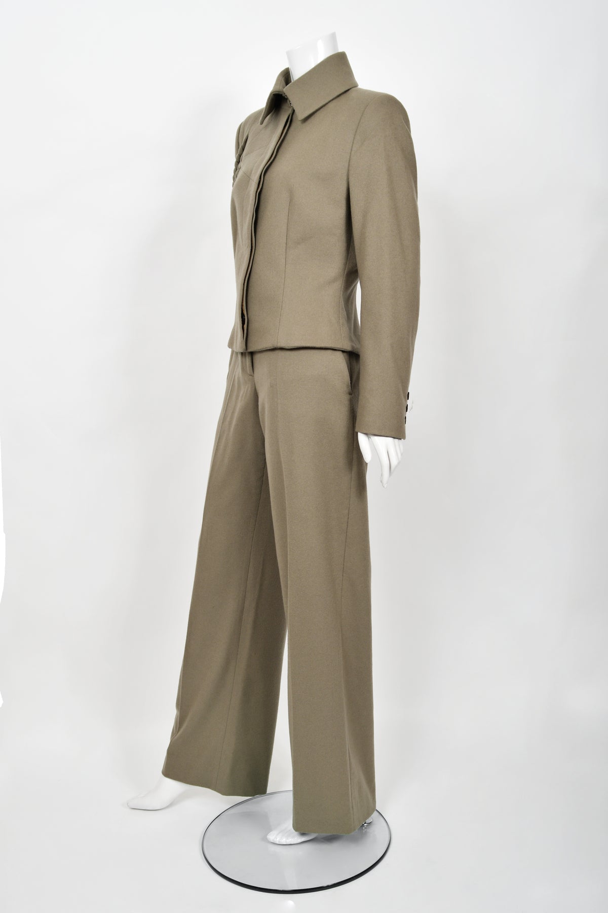 2001 Alexander McQueen Documented Runway Moss-Green Wool Braided Jacket Pantsuit
