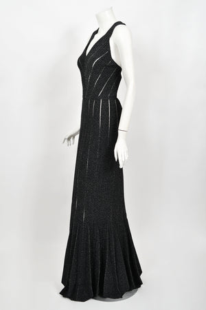 2012 Azzedine Alaia Black Metallic Knit Bodycon Sheer Cutwork Fishtail Gown