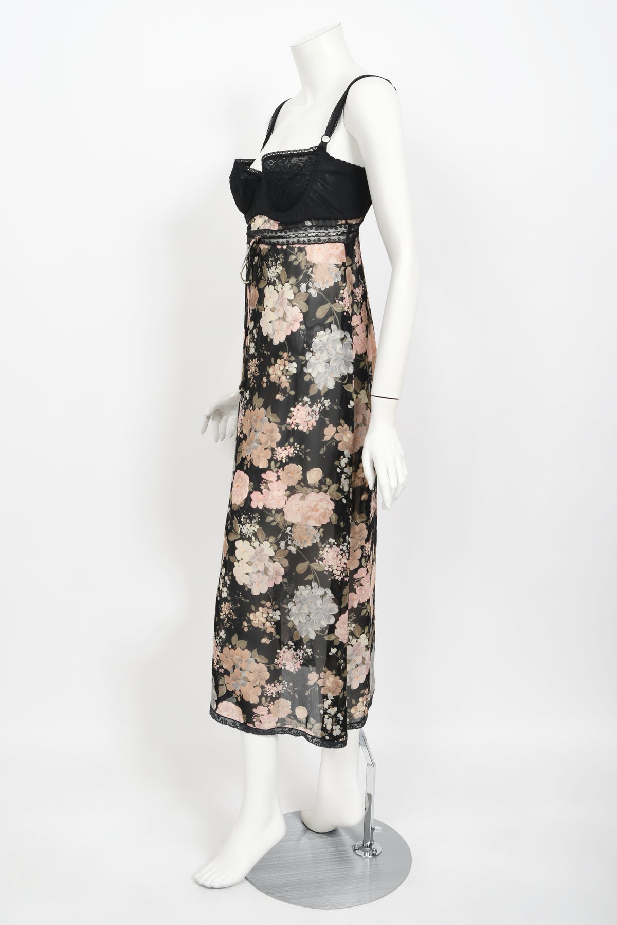 1997 Dolce &amp; Gabbana Sheer Floral Chiffon &amp; Lace Built-In Bra Slip Dress