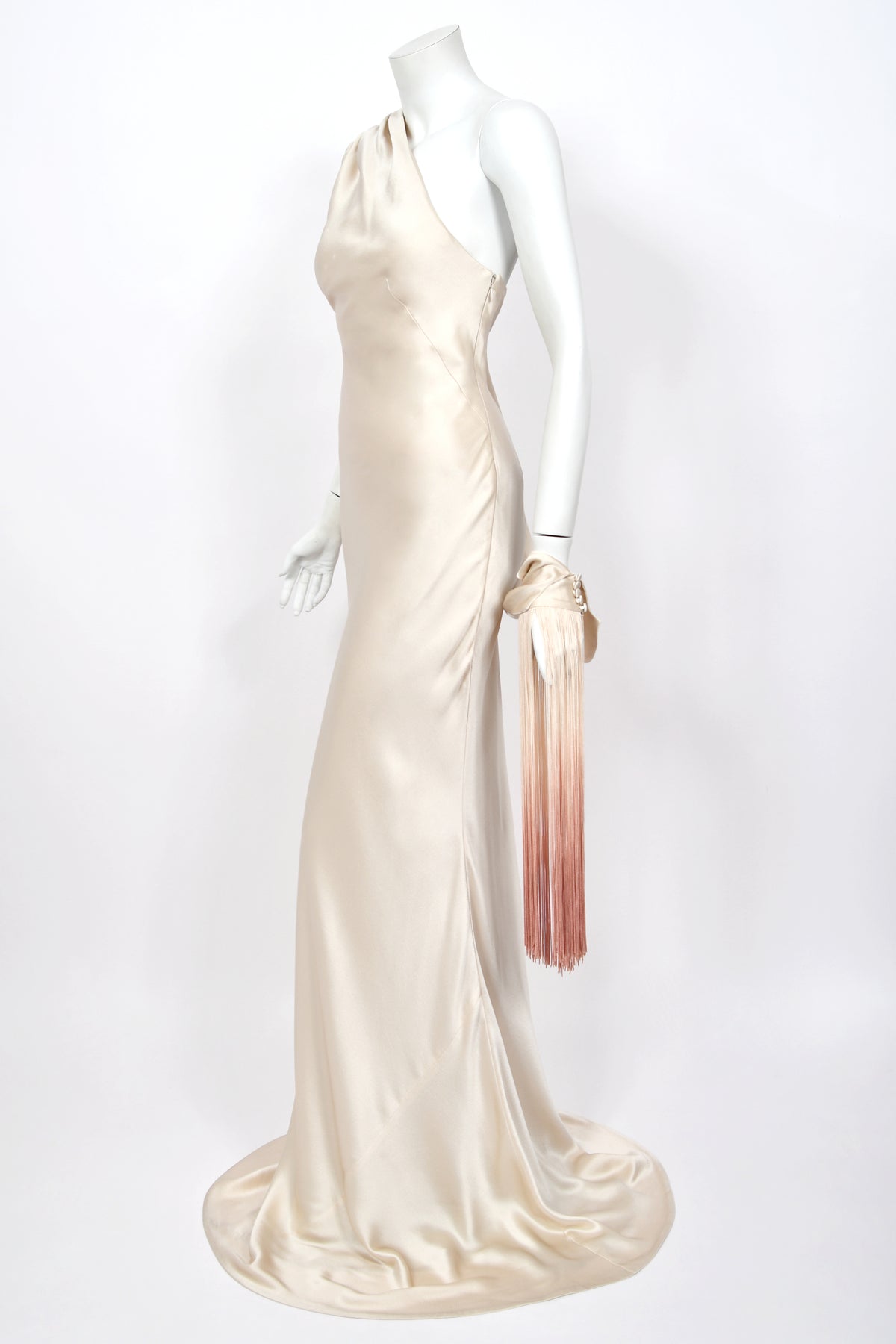 2009 Alexander McQueen Ivory Silk Draped Sleeve Ombré Fringe Bias-Cut Gown w/Tags