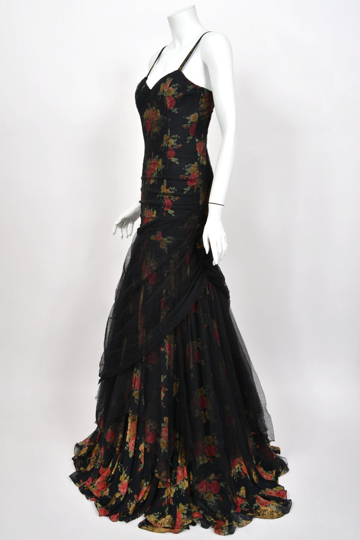2010 Ralph Lauren Runway Metallic Floral Silk & Black Sheer Tulle Hourglass Mermaid Gown