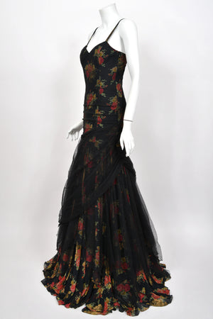 2010 Ralph Lauren Runway Metallic Floral Silk & Black Sheer Tulle Hourglass Mermaid Gown