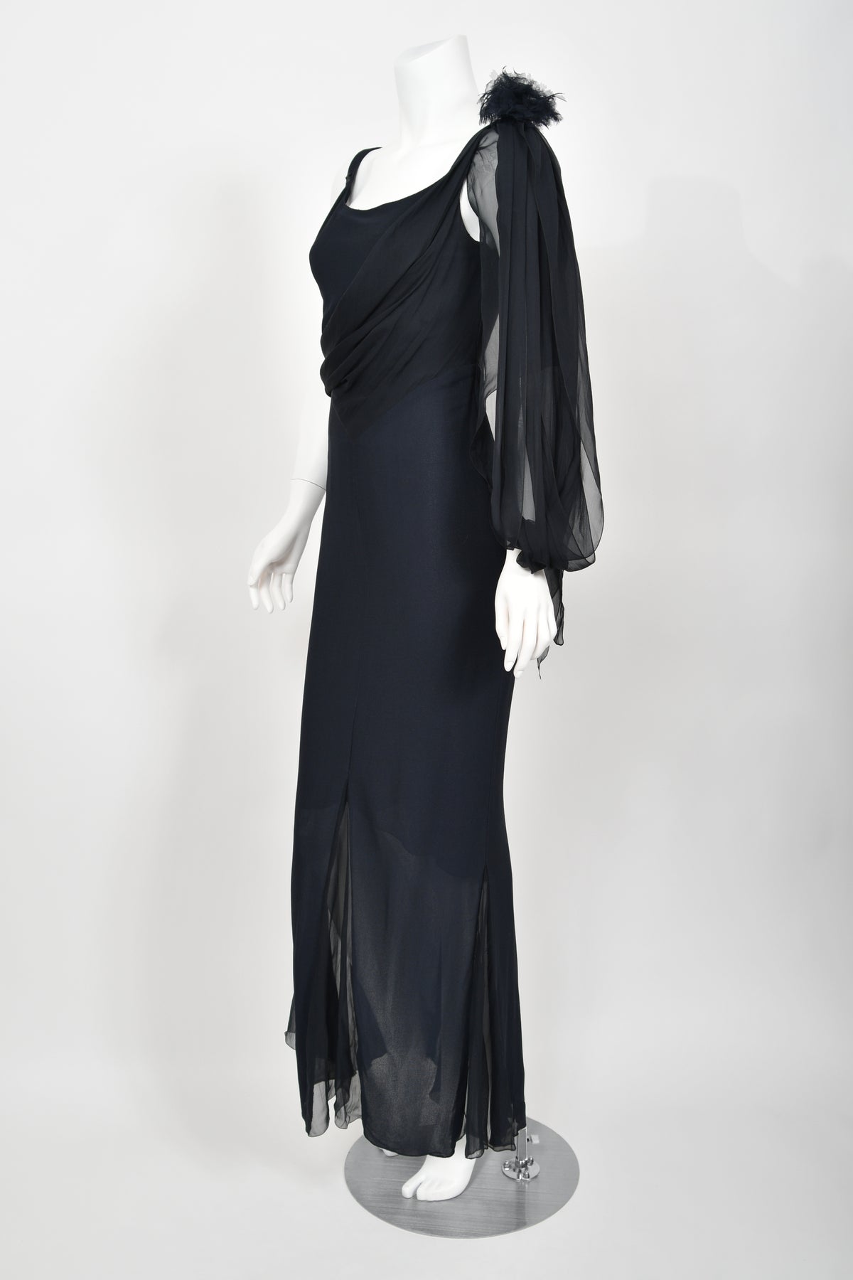 2002 Chanel Cruise Collection Midnight Blue Silk Chiffon Draped Bias-Cut Gown