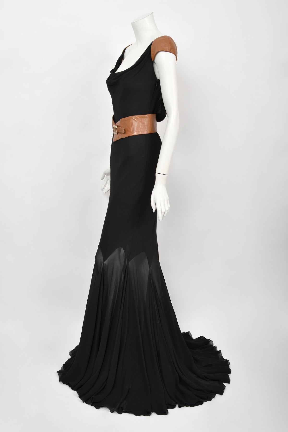 2001 Versace Couture Documented Runway Black Sheer Silk &amp; Leather Bias-Cut Gown