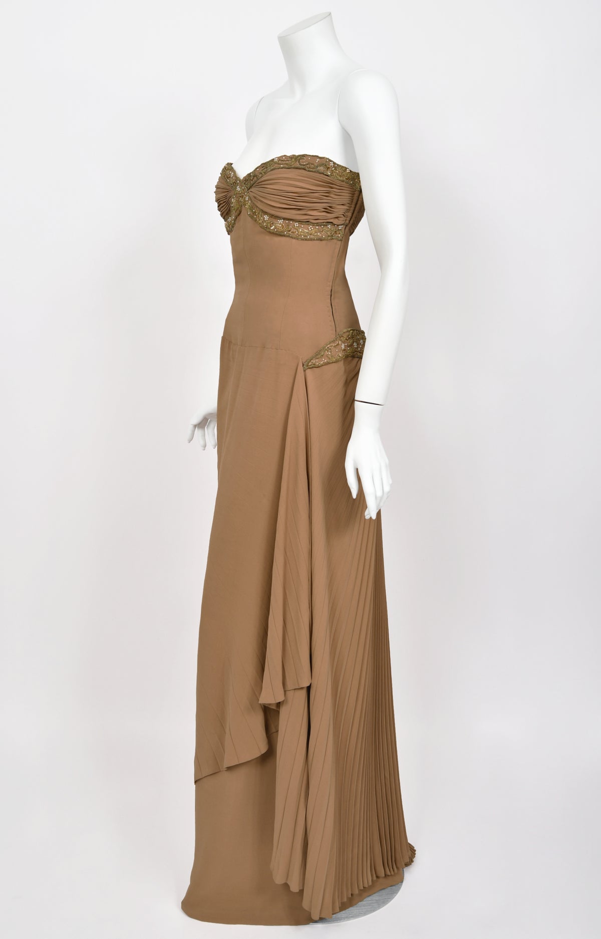1950&#39;s Germana Marucelli Italian Couture Mocha Silk Pleated Strapless Gown