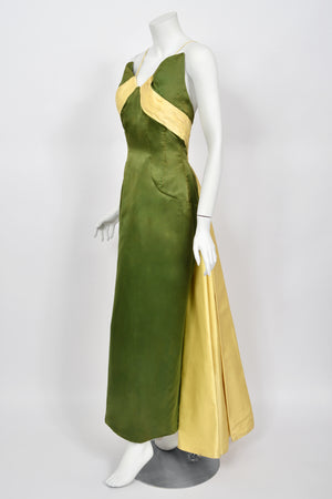 1950's Anne Verdi Green & Yellow Silk Winged-Bust Hourglass Trained Gown