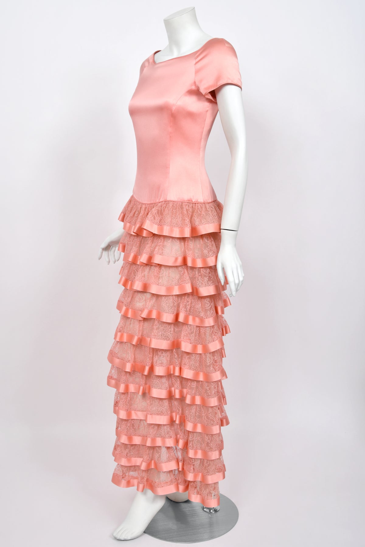 1993 Valentino Runway Blush Pink Silk &amp; Sheer Chantilly-Lace Tiered Ruffle Maxi Dress