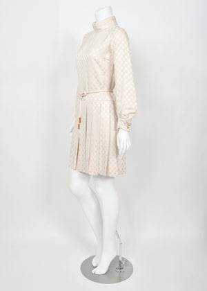 1968 Christian Dior Haute Couture Documented Ivory Checkered Silk Pleated Mini Dress