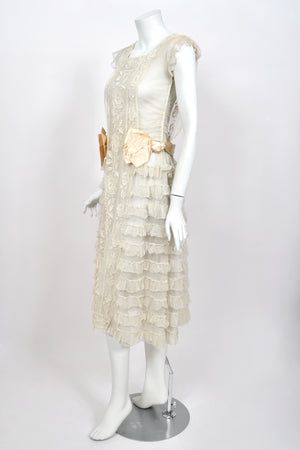 1920's Sheer Ivory Embroidered Floral Motif Net-Tulle Tiered Ruffle 'Robe de Style' Dress
