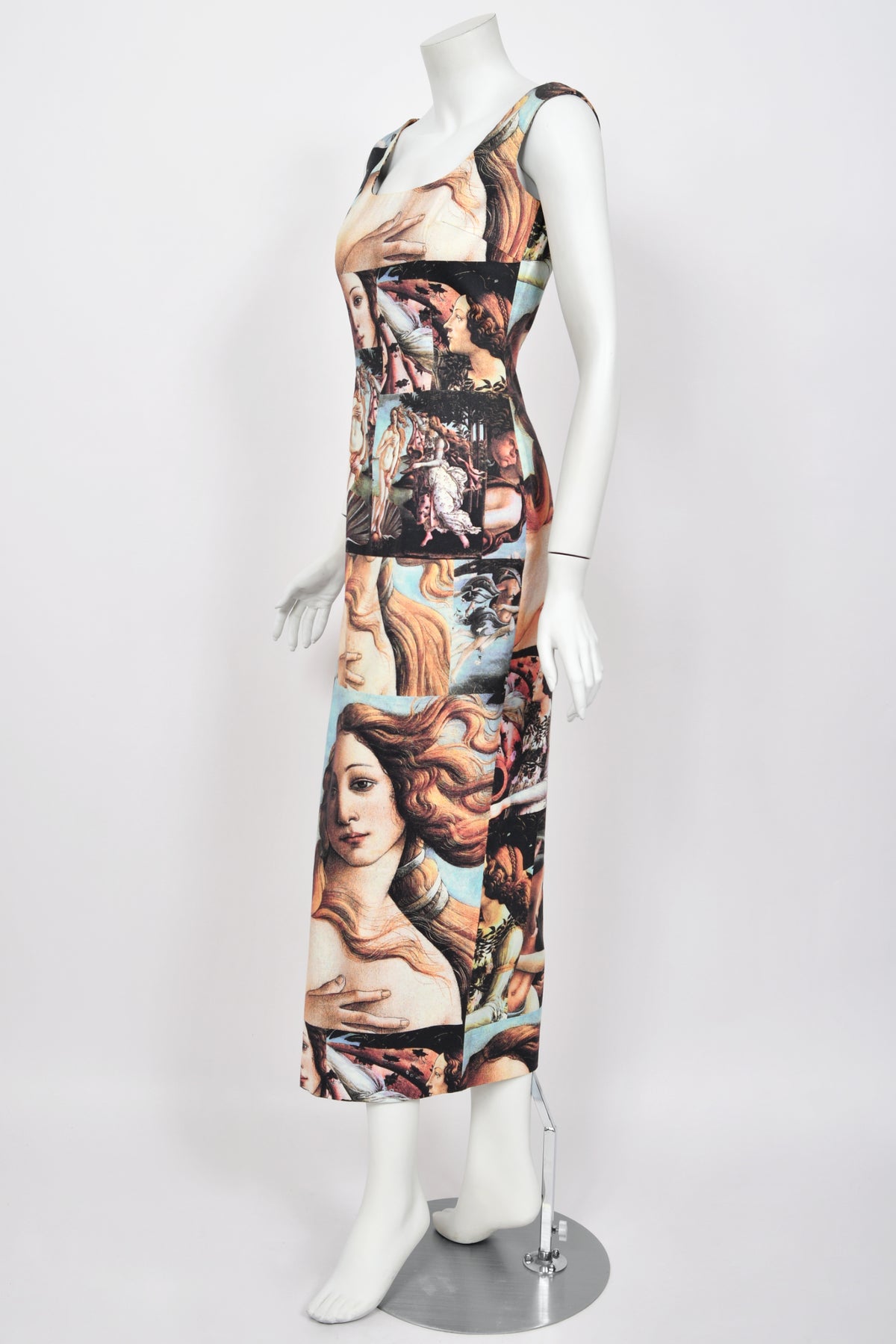 1993 Dolce &amp; Gabbana Iconic Runway &#39;Birth of Venus&#39; Collage Print High-Slit Hourglass Dress