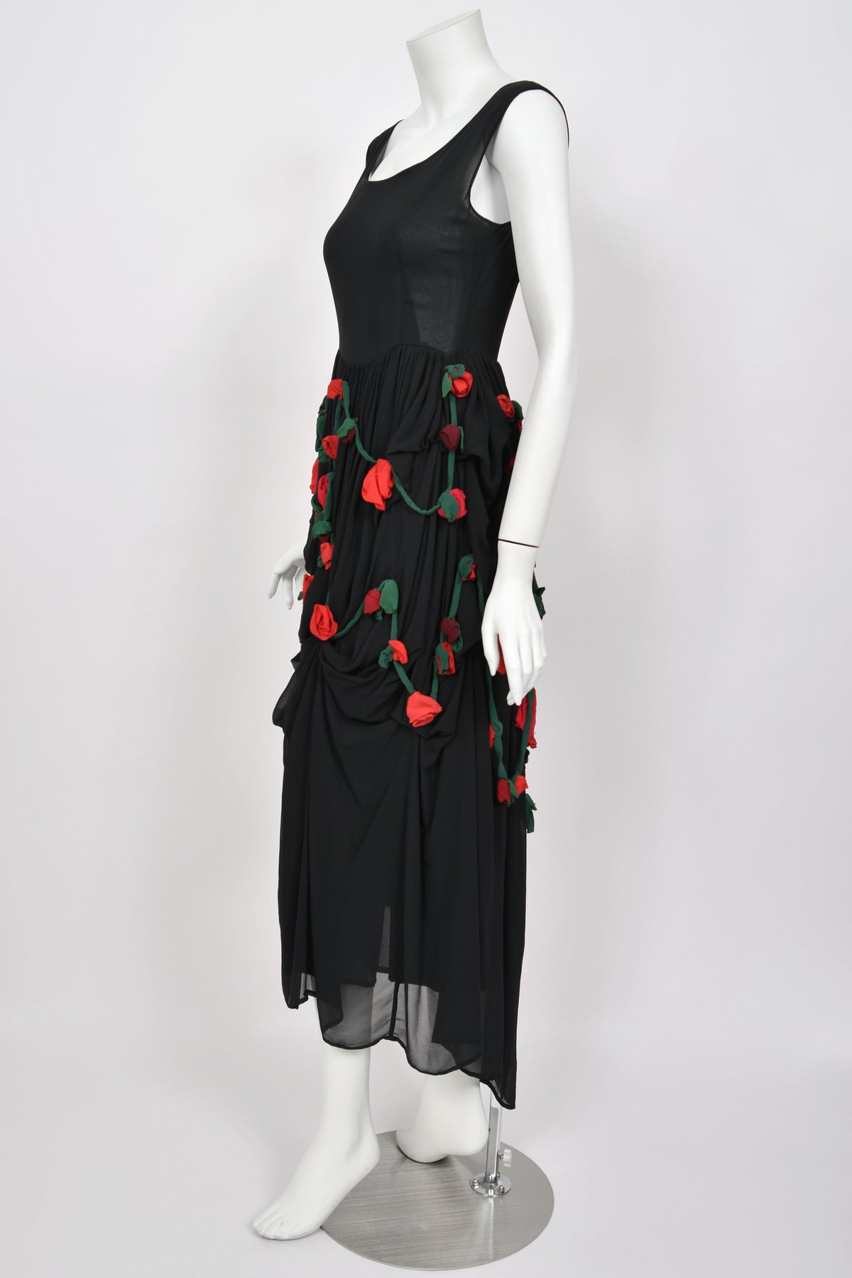 1990 Dolce &amp; Gabbana Black Silk Chiffon Red-Roses Floral Appliqué Dress